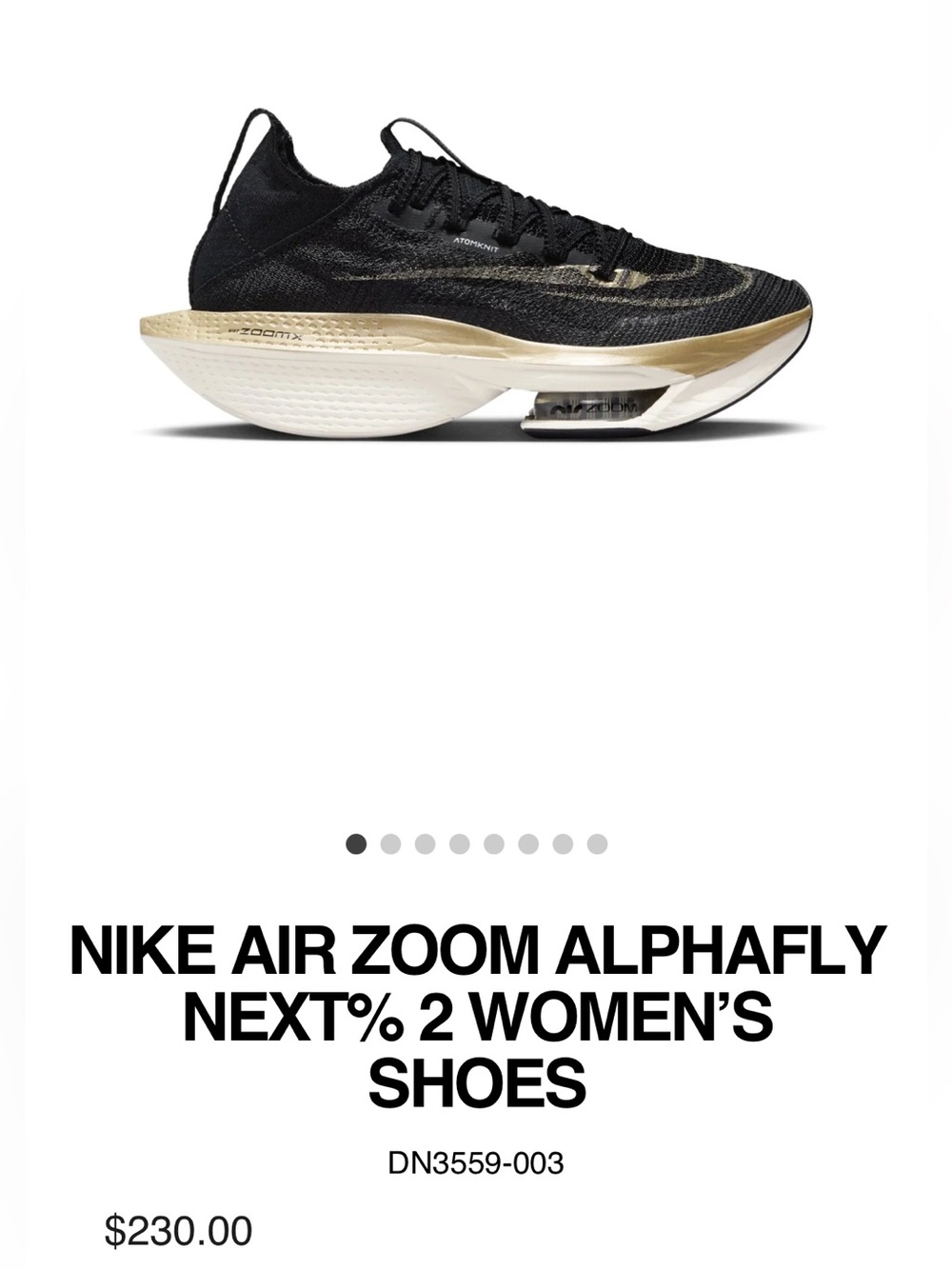 NWT Nike Air Zoom Alphafly Next% 2 — Black & Metallic Gold size 6